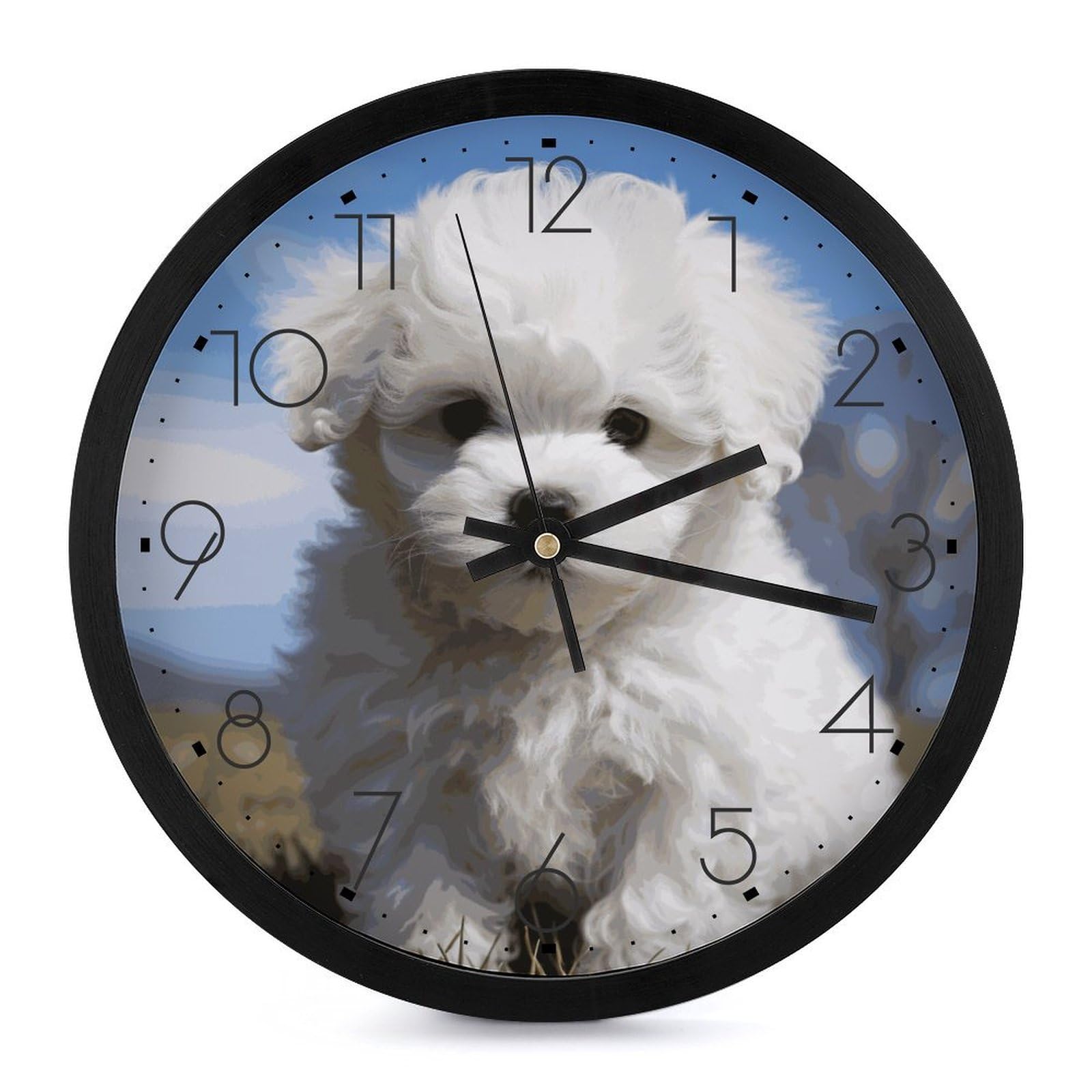 Horloge murale Bichon Frisé quartz silencieuse noire de 25cm