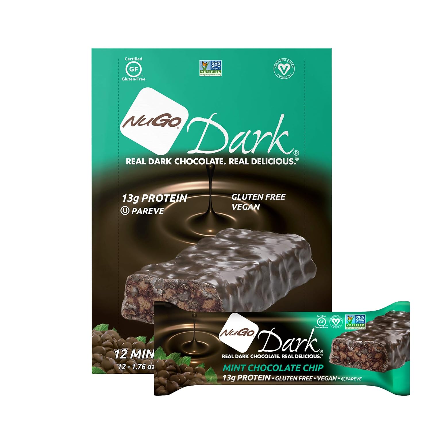 NUGO, Bar Box Dark Mint Chocolate Chip 12 Count, 1.76 Ounce