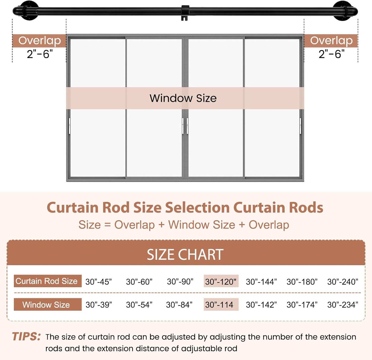 30-120 Inch Wrap Around Curtain Rod 1" Diameter for 30-114 Windows, Adjustable Curtains Rod, Black Industrial Curtain Rods for Windows Heavy Duty Window Treatment Rods for Blackout Curtains 2 Pack