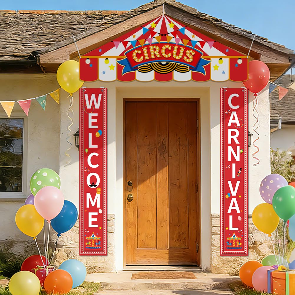 SUPERDANT 3pcs Large Circus Carnival Porch Sign Heavy-Duty Fabric Fade-Resistant Circus Welcome Banner Kit Easy Install for Patio Photo Backdrop Hooks And Rope Included 180x30cm