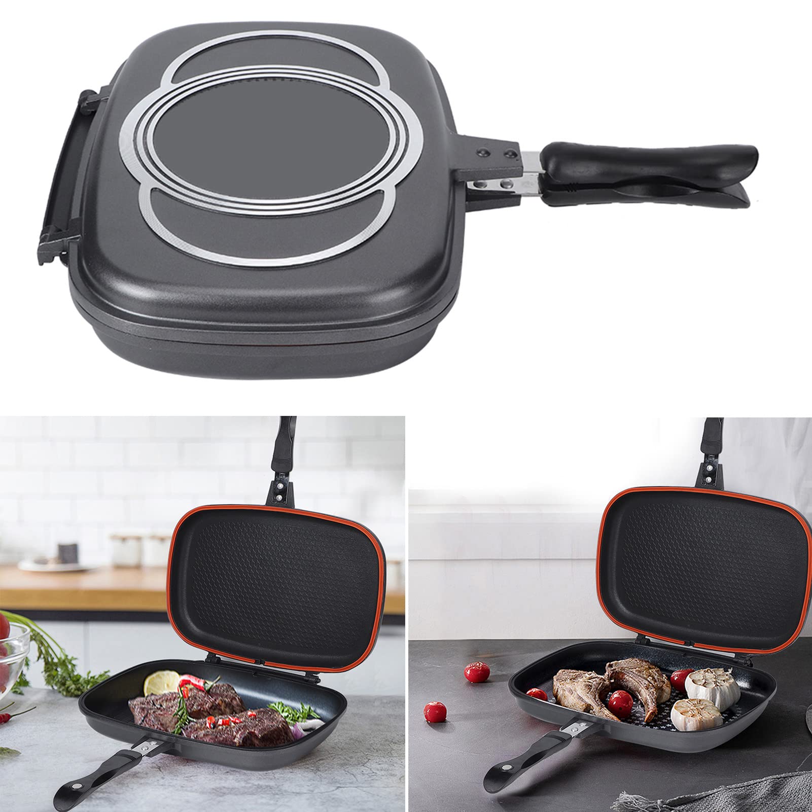 Poêle à Griller portative à Double Face, Poêle à Frire antiadhésive à Rabat Poignée Anti-brûlure sûre Poêle à Omelette Double Cuisinière à ustensiles de Cuisine Poêle carrée avec Anneau