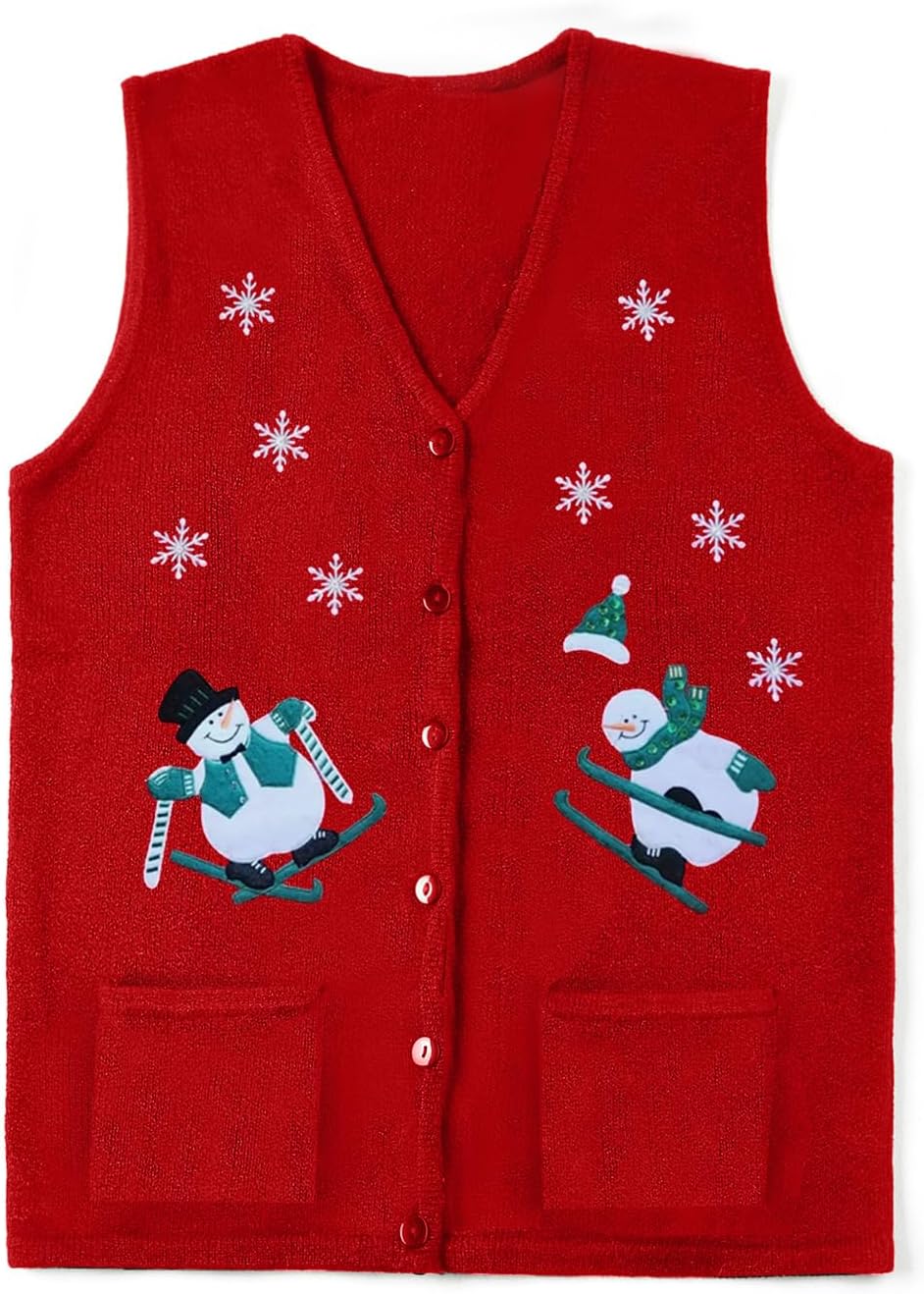 Women Christmas Sweater Vests Snowman Embroidery Sleeveless Button Cardigan Holiday Knit Tank Top Xmas Santa Claus Vest