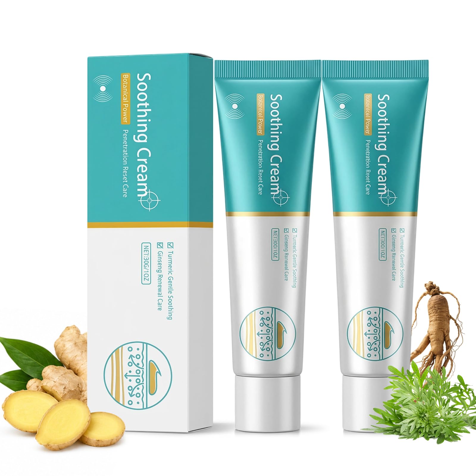 2Pcs Soothing Cream, Herbal Vein Care Cream for Legs and Shoulders, Botanical Massage Cream, Fast-Absorbing Moisturizing Formula for Daily Skin with Turmeric, Ginseng and Mugwort 30g Per Tube, 2 Pack
