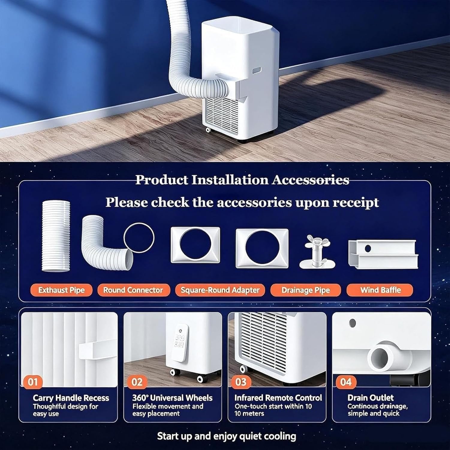 Aire Acondicionado Portátil 12000 BTU 18000 BTU Sin Unidad Exterior, Ventilador Enfriador de Ruido Reducido con Ruedas y Mando a Distancia para Oficina Hogar, 12000btu