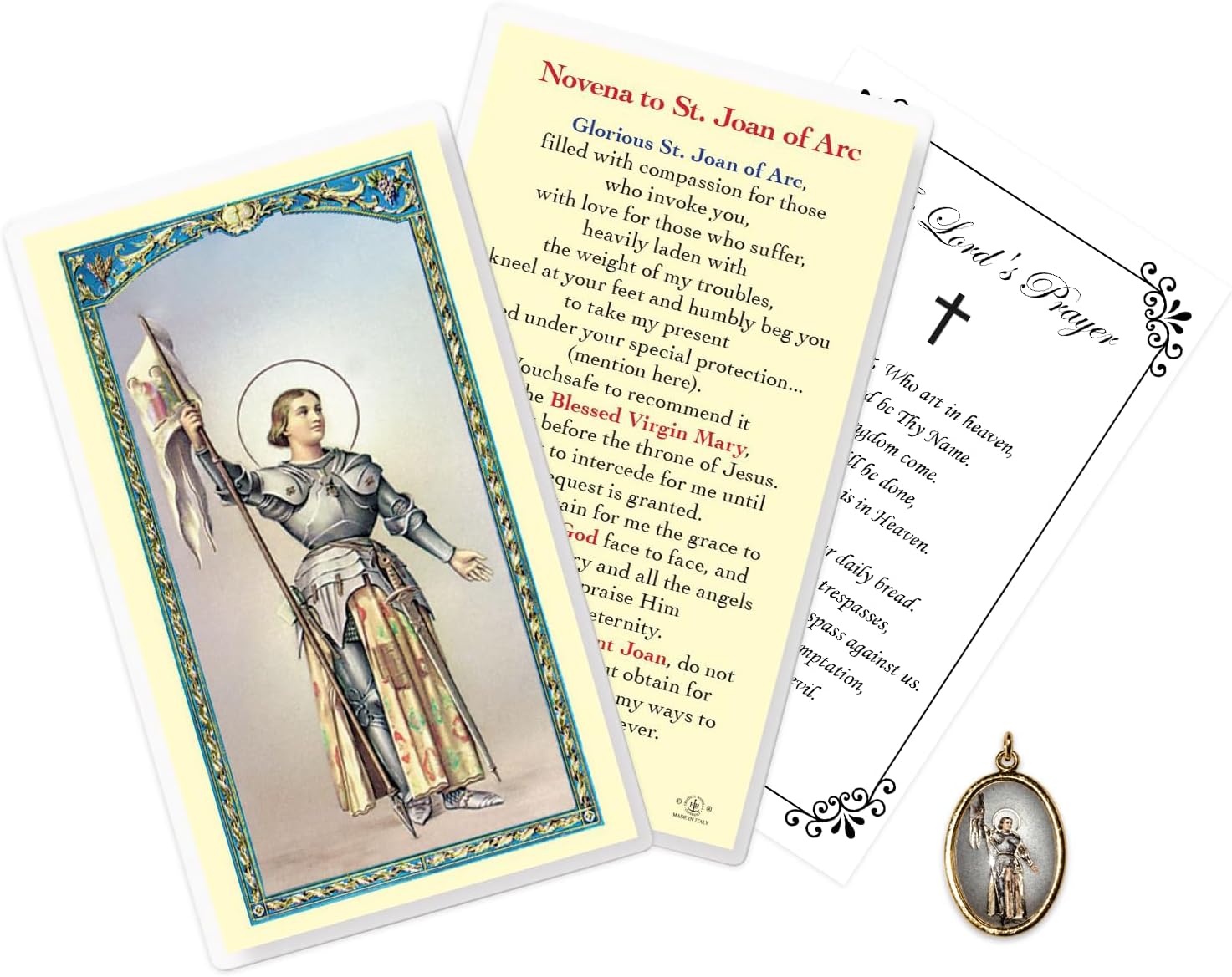 Trendzeen St Joan of Arc Medal - Oval Epoxied Saint Joan of Arc Medal, Laminated St Joan Arc Card, Our Father Prayer Card - St Joan Arc Medal Devotional Set, Total 3 Items