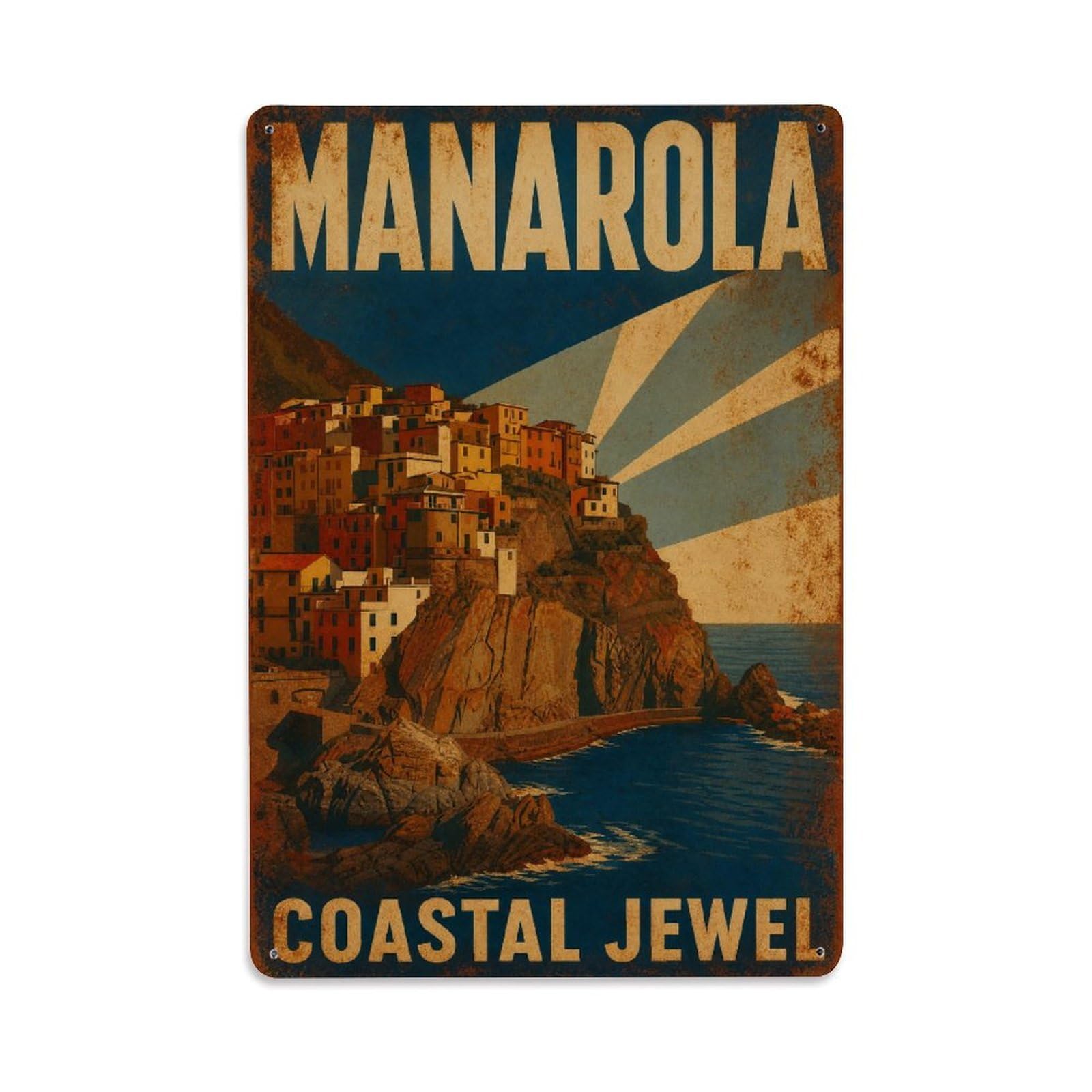 Huiyhb 8X12inch(20X30cm) Vintage Manarola Mediterranean Village Coastal Jewel Italy Metal Tin Sign