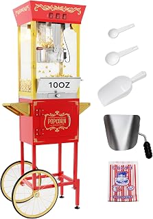 PopBria 10oz Popcorn Machine with Cart - Vintage Movie Theater Popper, Warming Deck, 850W for Home Parties (Red Gold)