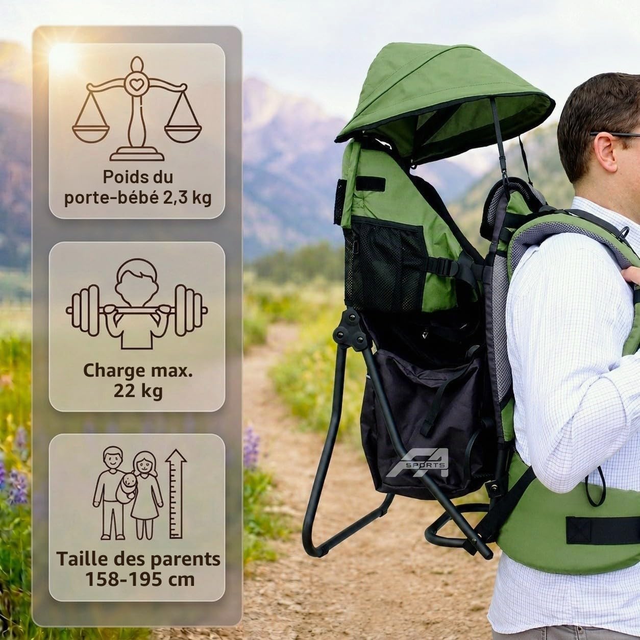 Lil' Boss Sac à Dos Porte-Bébé Randonnée Ergonomique, FASports Porte-Enfant 20–25 kg avec Capote Pluie et Soleil, 50 x 38 x 90 cm
