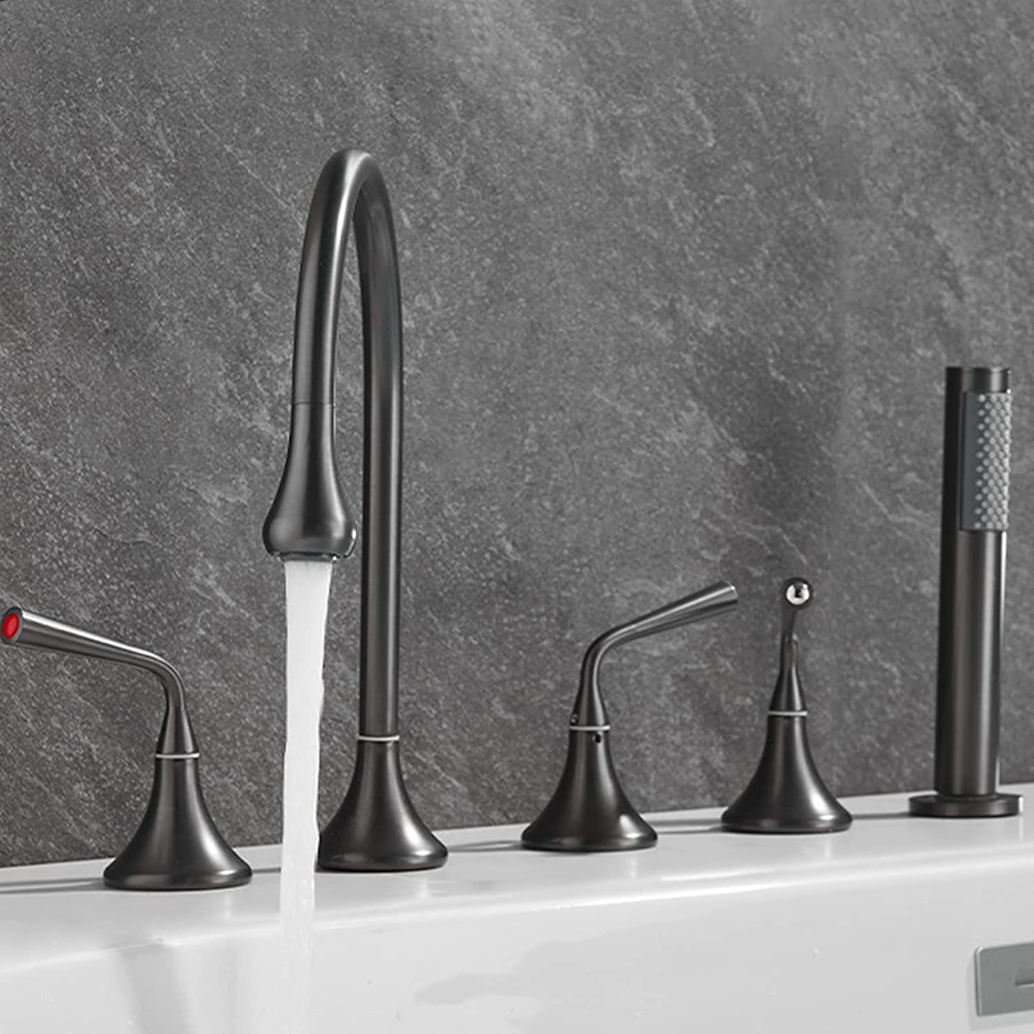 Rubinetto per vasca, rubinetto di riempimento vasca ad alto flusso, rubinetto da bagno diffuso a 5 fori, rubinetto miscelatore a tre maniglie con doccia portatile e beccuccio per vasca, set di