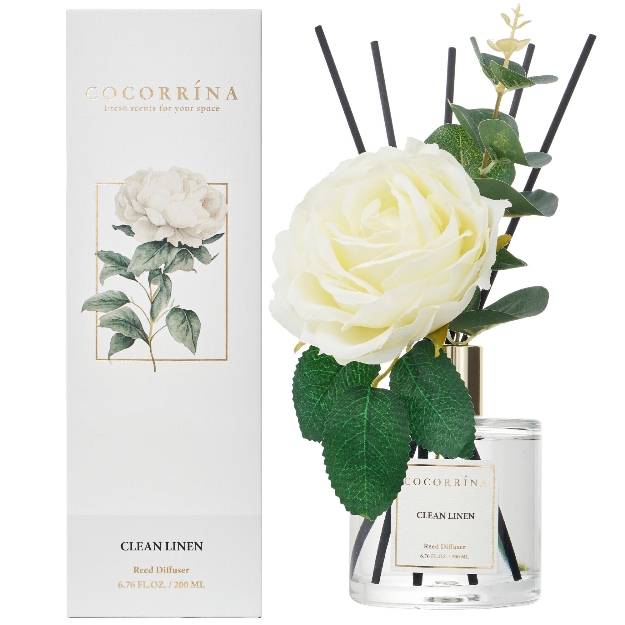 Cocorrína Flower Reed Diffuser - Clean Linen 6.7oz Scented Diffuser with Sticks Home Fragrance Essential Oil for Bathroom Shelf Decor (Artificial Flower)