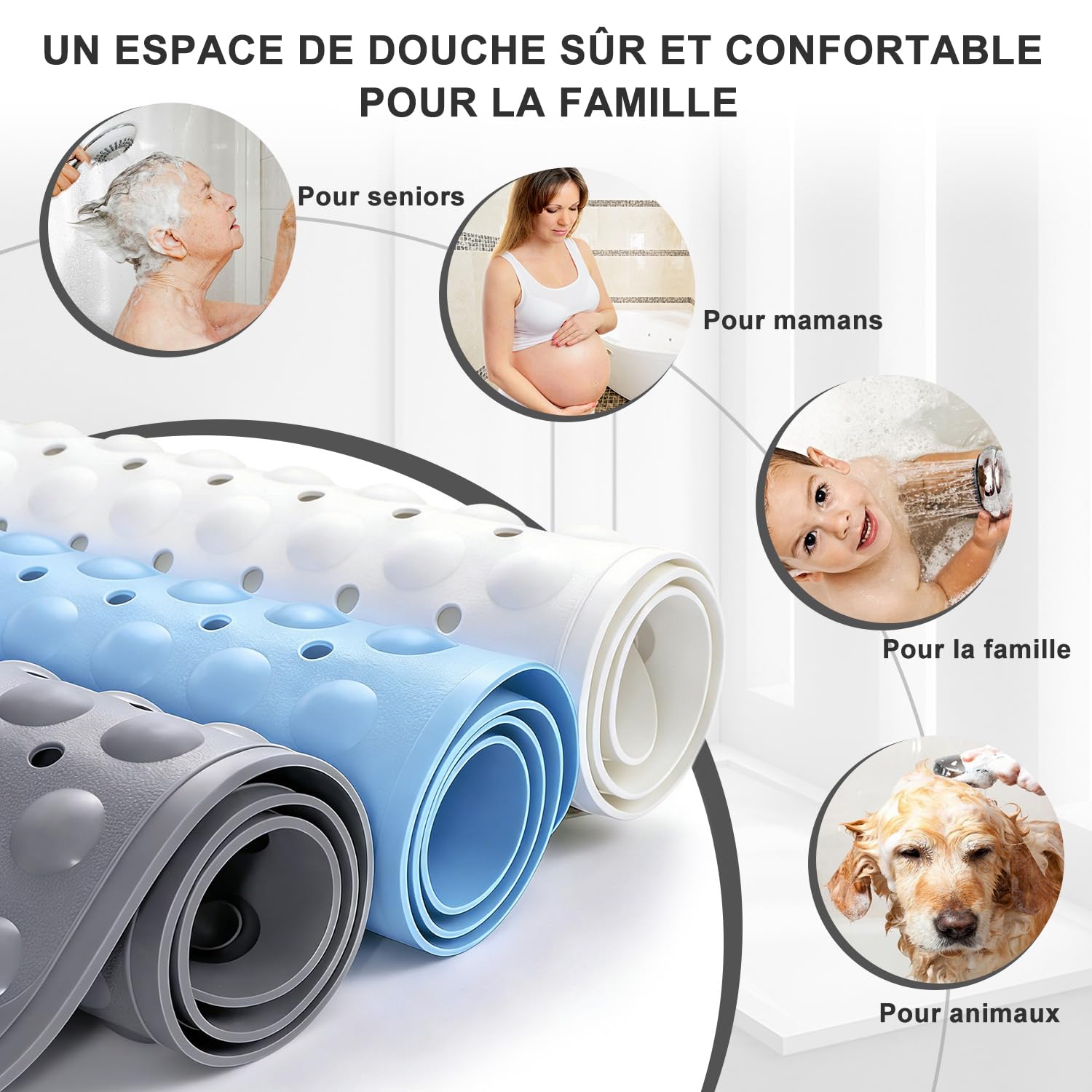 Tappetino da doccia antiscivolo 60 x 90 cm, grande tappetino da doccia in TPE, tappetino da bagno con ventose e fori di drenaggio, tappetino da bagno massaggiante per i piedi, morbido al tatto (blu)