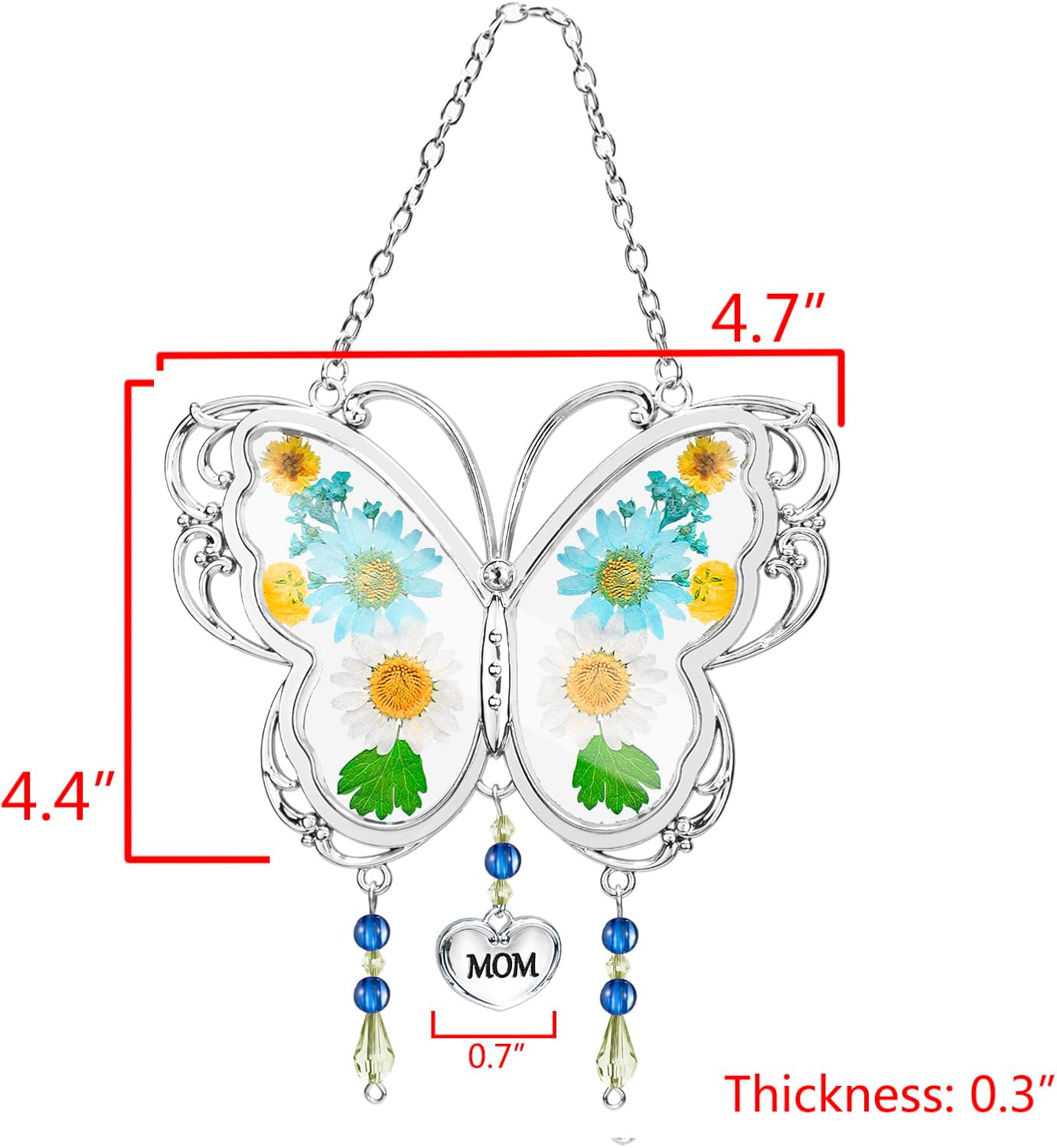 LARAINE Butterfly Suncatcher with Pressed Flower Wings Mom Mother's Day Butterfly Glass Wind Chime Ornament Charm with Metal Heart Gifts for Mom Grandma Aunt Birthday (Grandma, Blue) - Image 7