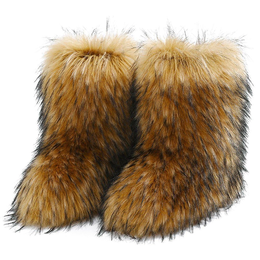 Sanfly Winter Raccoon Snow Boots Boots Snow Boot Furry Snow Boots Fluffy -calf Flat Boots for Outdoor Indoor