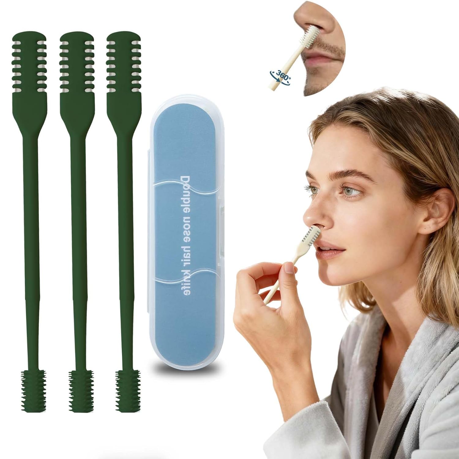 3 Pack Green Manual Nose Hair Trimmer 360 Rotating Double-Sided Stainless Steel Blade Portable Nasal Groomer for Men