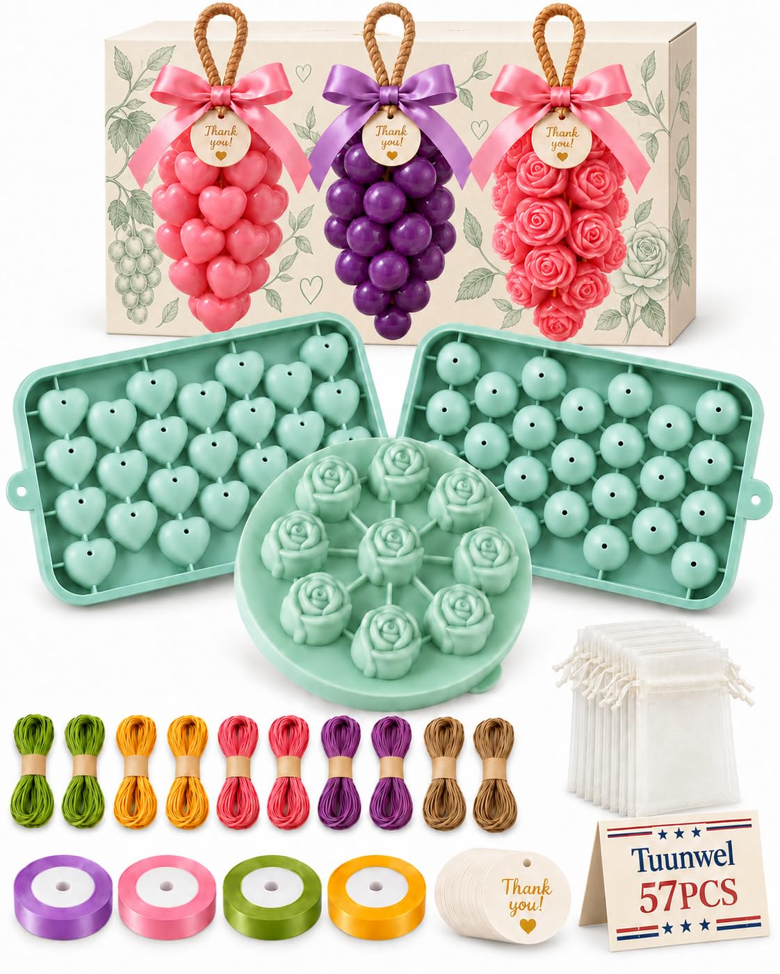 57Pcs Soap Making Kit,3 Silicone Soap Molds with Gift Bags Tags and Ribbon
