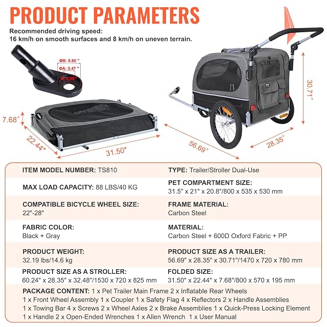 Foto 7 de 8 de VEVOR Remolque Plegable para Bicicleta para Perros Carga de 450kg Cochecito para Mascotas 2 en 1