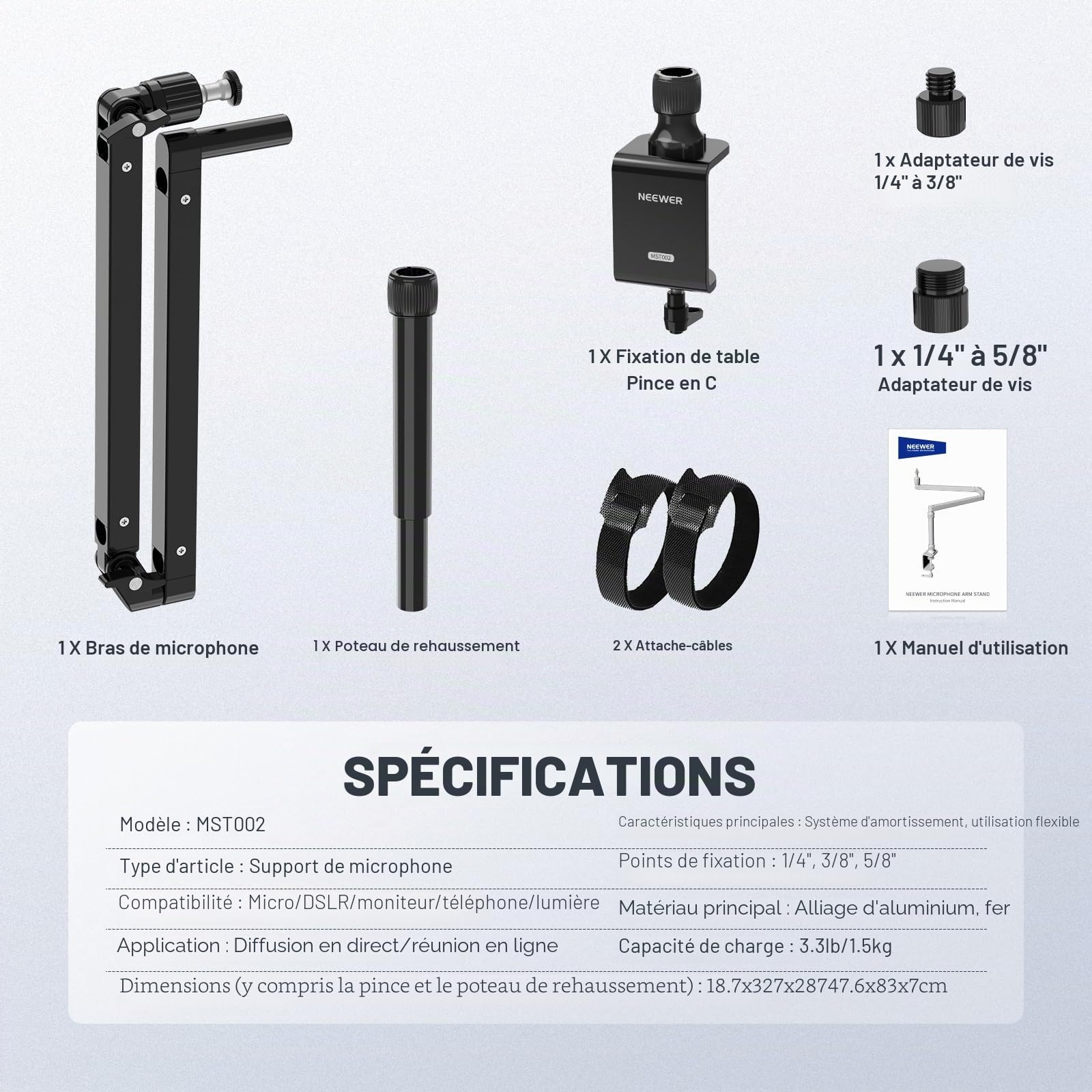NEEWER MST002 Support de bureau à profil bas avec amortissement, bras articulés pivotants à 360 ° avec poteau de hauteur et canaux de gestion des câbles pour microphone, baladodiffusion