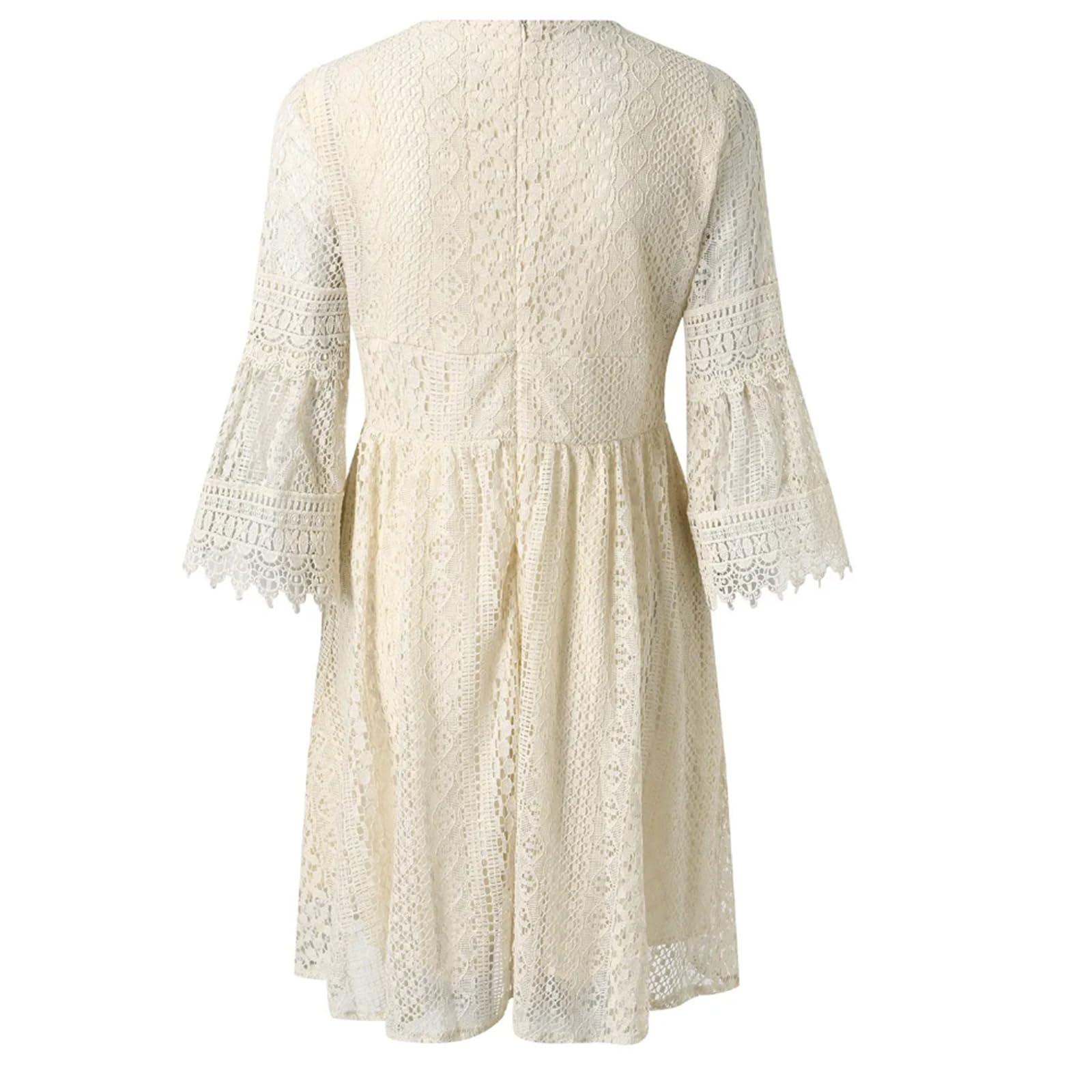 TEidea Sukienki damskie Biała koronkowa sukienka, dekolt w serek Hollow Lace Wave Sleeve Style, białe sukienki, retro styl plażowy