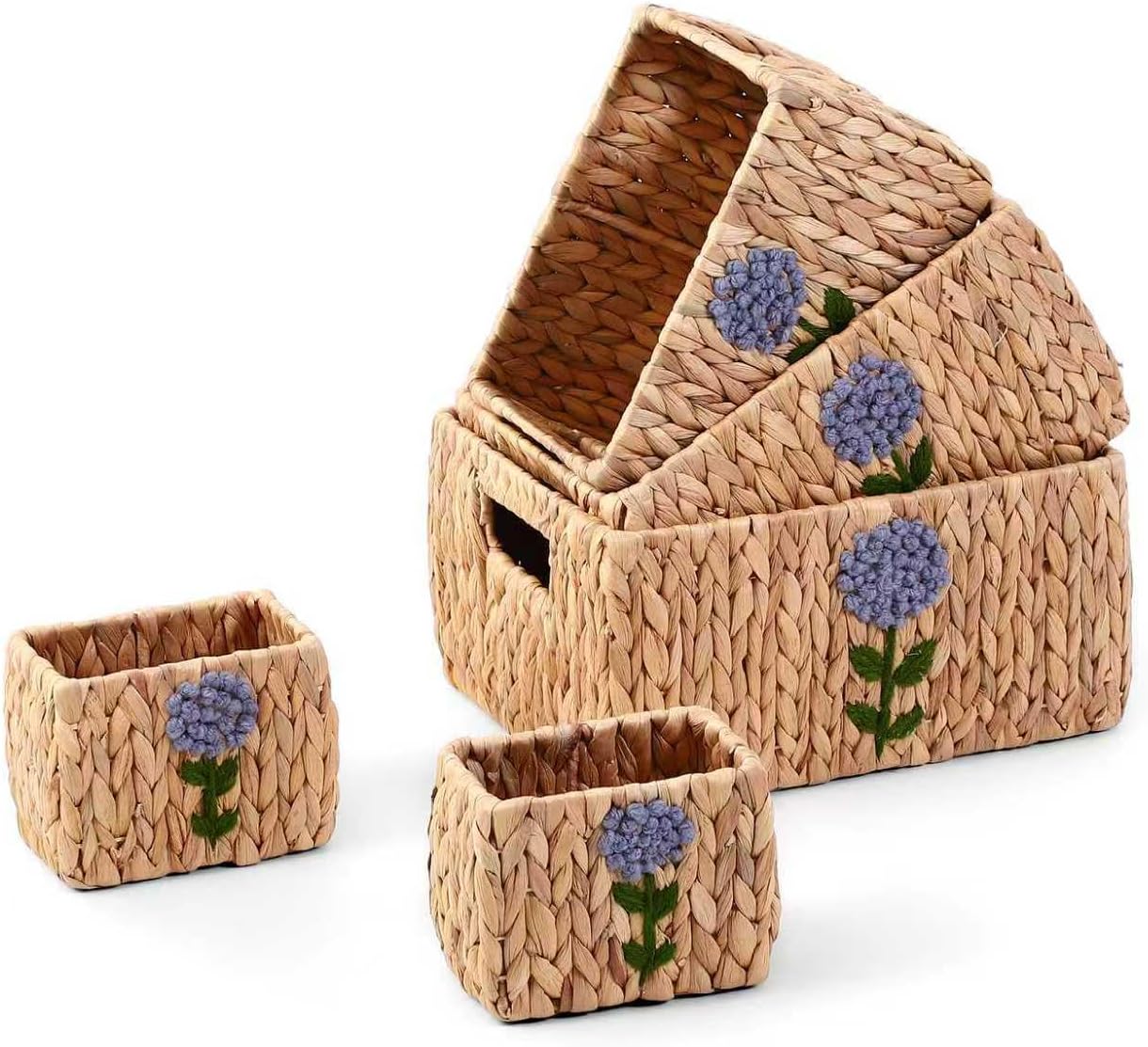 Set of 5 Water Hyacinth Pantry Baskets, Storage Baskets for Organizing, Cube Storage Bins for Shelves, Rectangle Storage Baskets with Handles, Woven Baskets for Storage - Floral