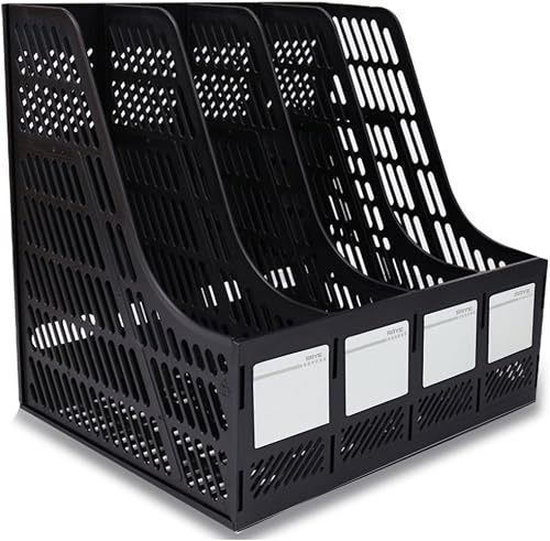 SAYEEC Sturdy Desktop 4 Sections Plastic Magazine Holders Frames File Dividers Document Cabinet Rack Display and Storage Organiser Box Black