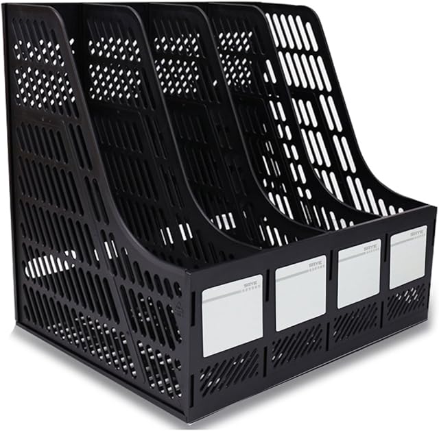 SAYEEC Sturdy Desktop 4 Sections Plastic Magazine Holders Frames File Dividers Document Cabinet Rack Display and Storage Organiser Box Black