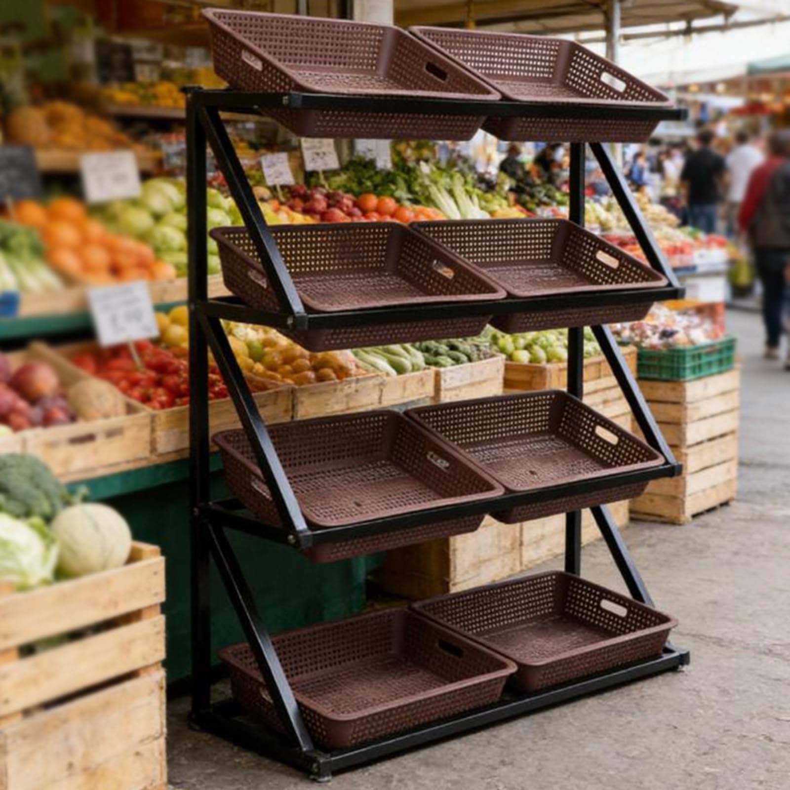 Estante de 4 niveles para frutas con diseño abierto que maximiza el espacio comercial