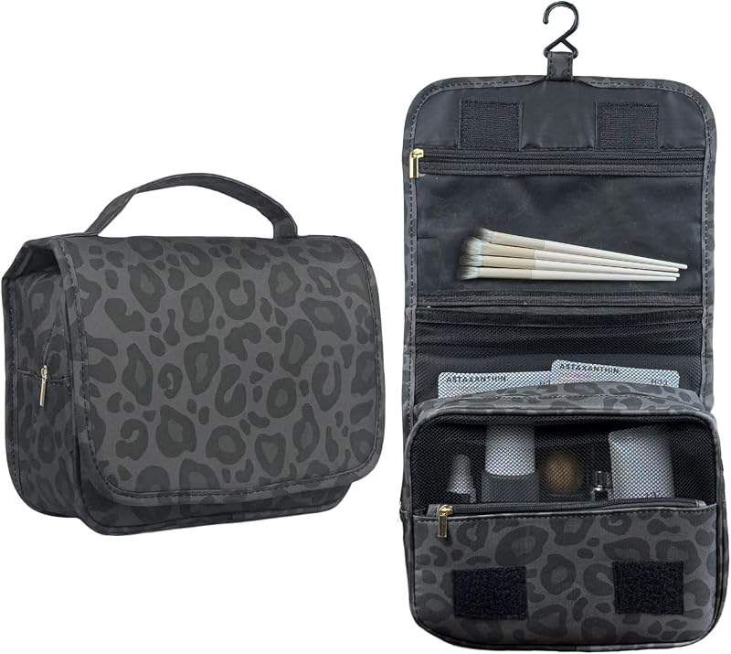 Necessaire suspensa de viagem Crazy Bison com organizador para cosméticos, modelo FBA06, estampa Black Leopard