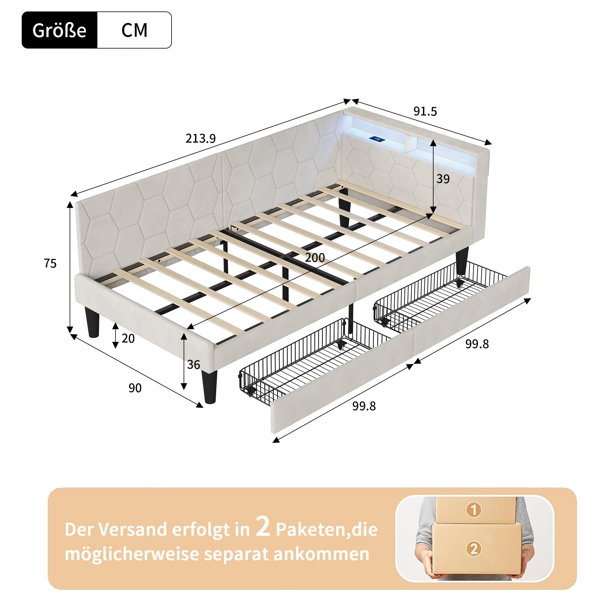 CDQL Łóżko tapicerowane, sofa do spania 90 x 200 cm z oświetleniem LED i portami USB, łóżko do przechowywania z 2 szufladami, zagłówek ze schowkami, łóżko funkcyjne, łóżko pojedyncze, aksamitne