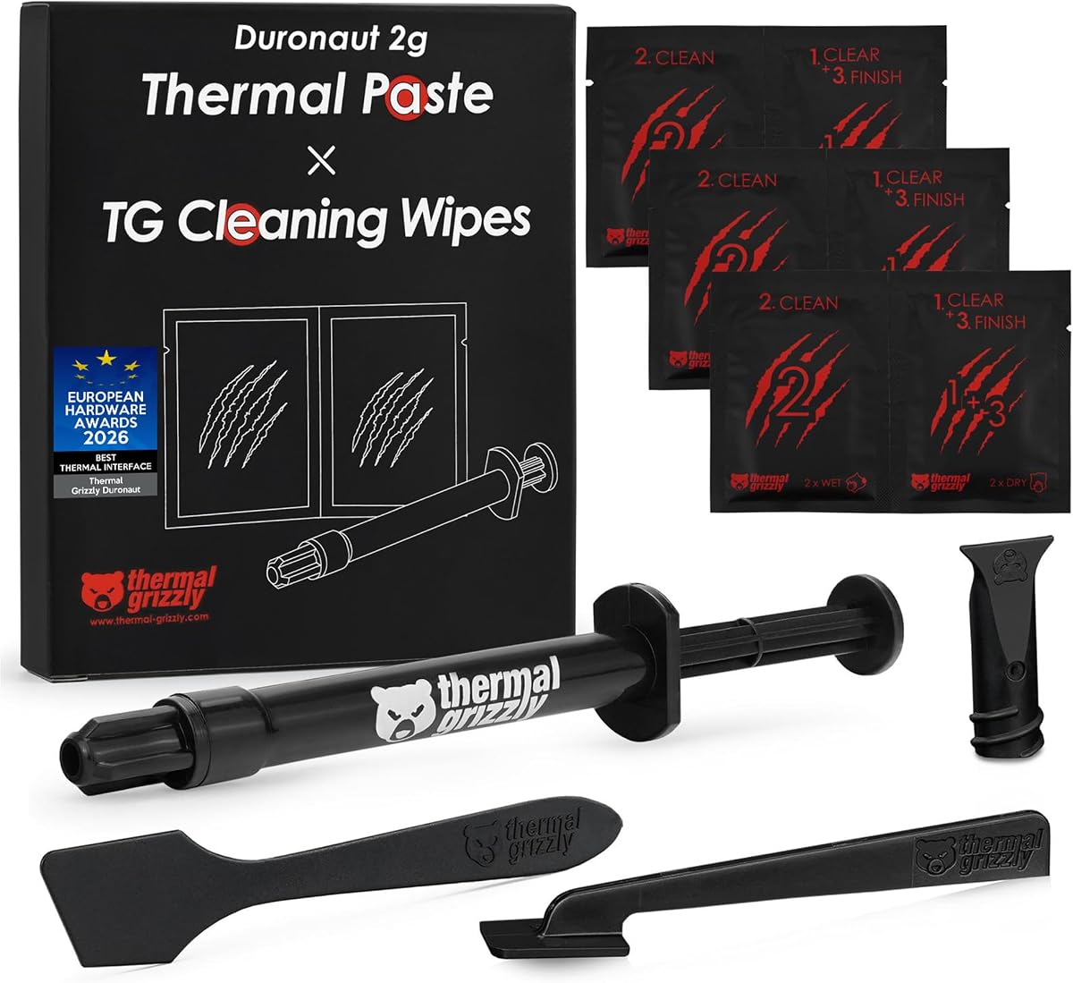 Thermal Grizzly - Duronaut - Enhanced Durability & High Performance Thermal Paste - for Maximum Conductivity While Overclocking CPU/GPU/PS4/PS5/Xbox with 12 Cleaning Wipes 6 Wet & 6 Dry (2g + Wipes)
