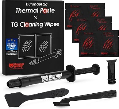 Thermal Grizzly - Duronaut - Enhanced Durability & High Performance Thermal Paste - for Maximum Conductivity While Overclocking CPU/GPU/PS4/PS5/Xbox with 12 Cleaning Wipes 6 Wet & 6 Dry 2g + Wipes