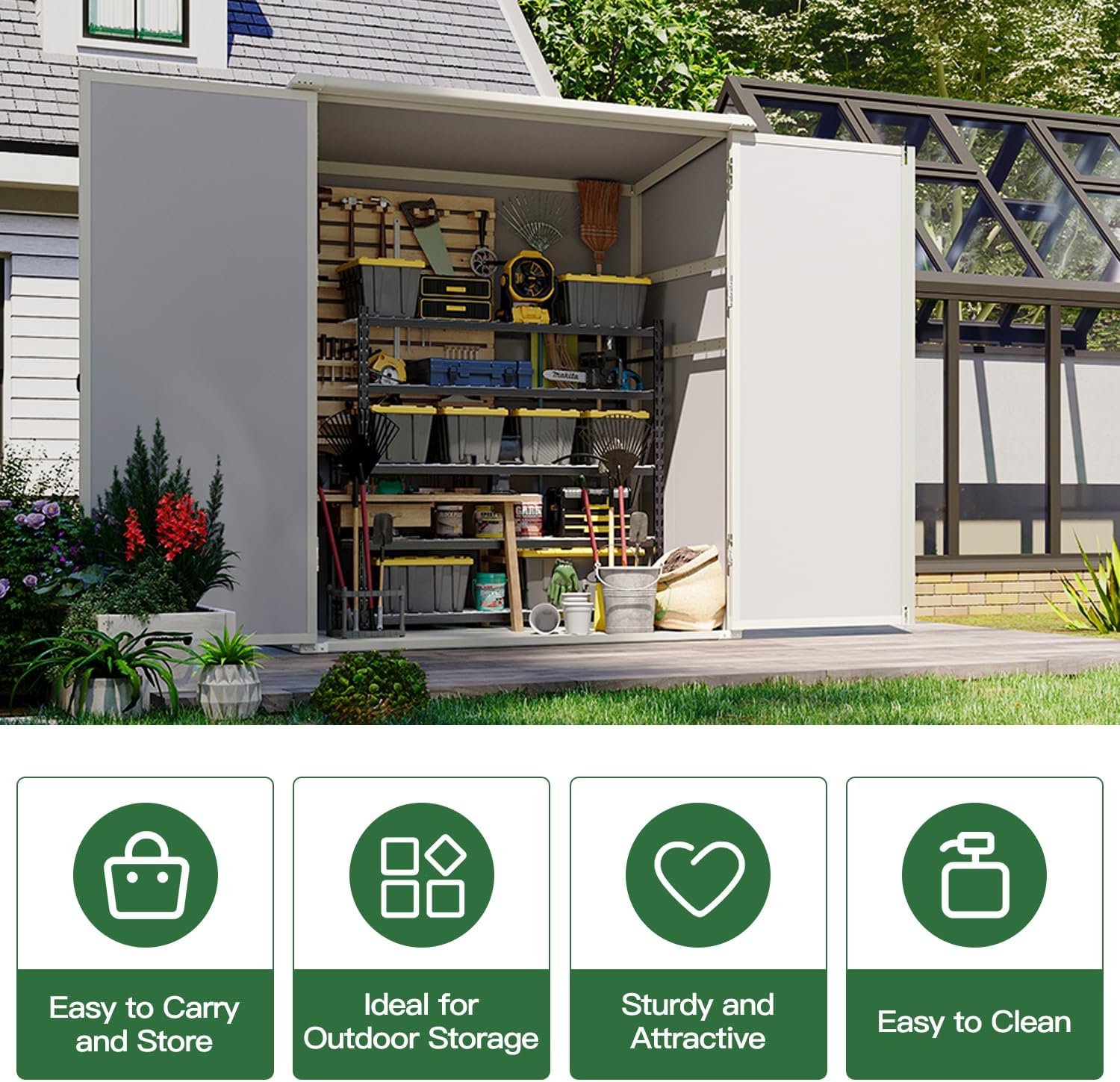 5 x 3 FT Outdoor Resin Storage Shed with Floor, Lockable Door, Plastic Shed for Bike, Tools, Garbage Can & Garden Accessories, Gray