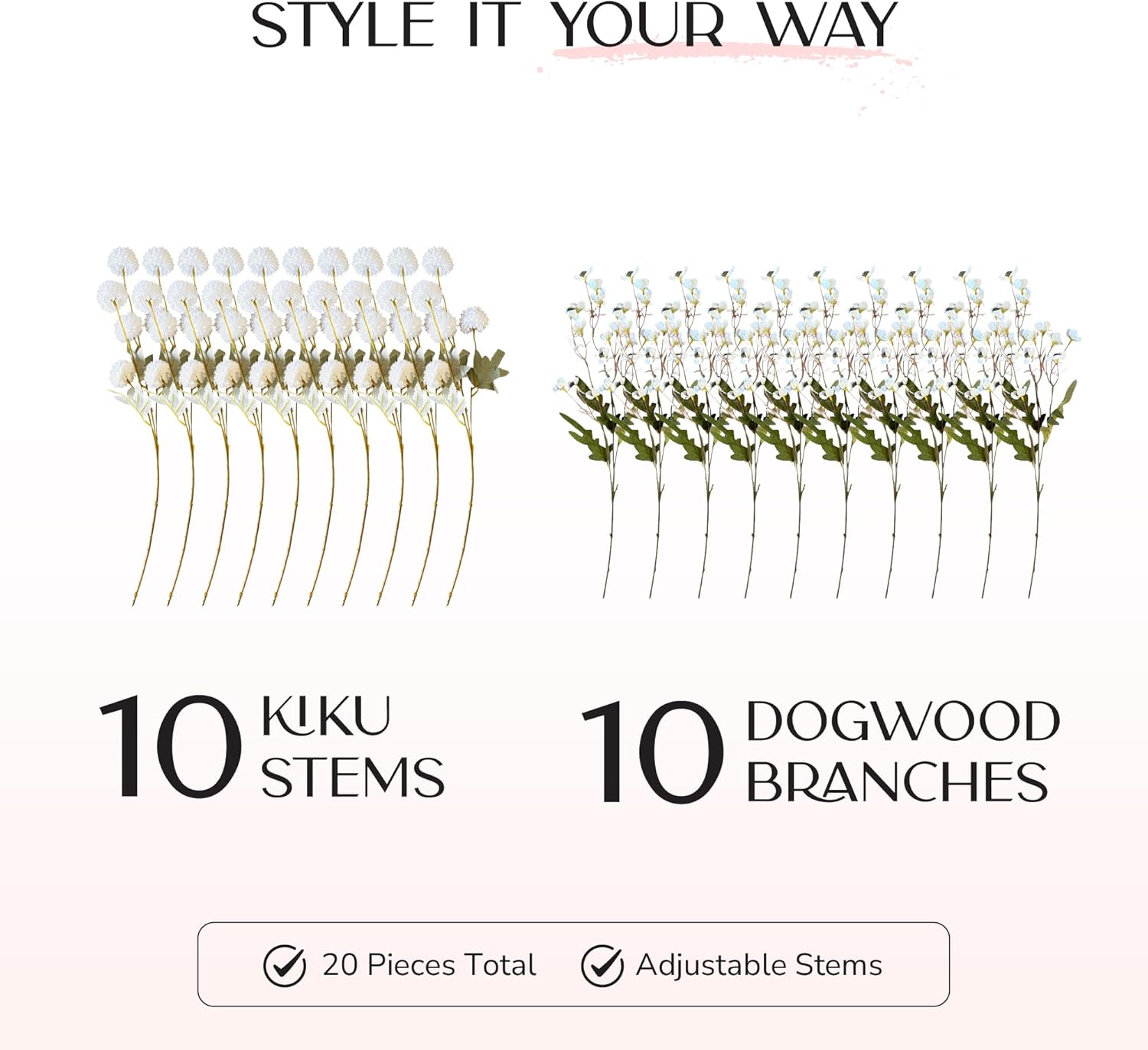 Chrysanthemum Flowers Artificial Kiku with Dogwood – 10 Cream Faux Pom Pom Mum Stems and 10 Dogwood Flowers for Vase, Silk Faux Floral Arrangement for Home Decor and Centerpiece Displays