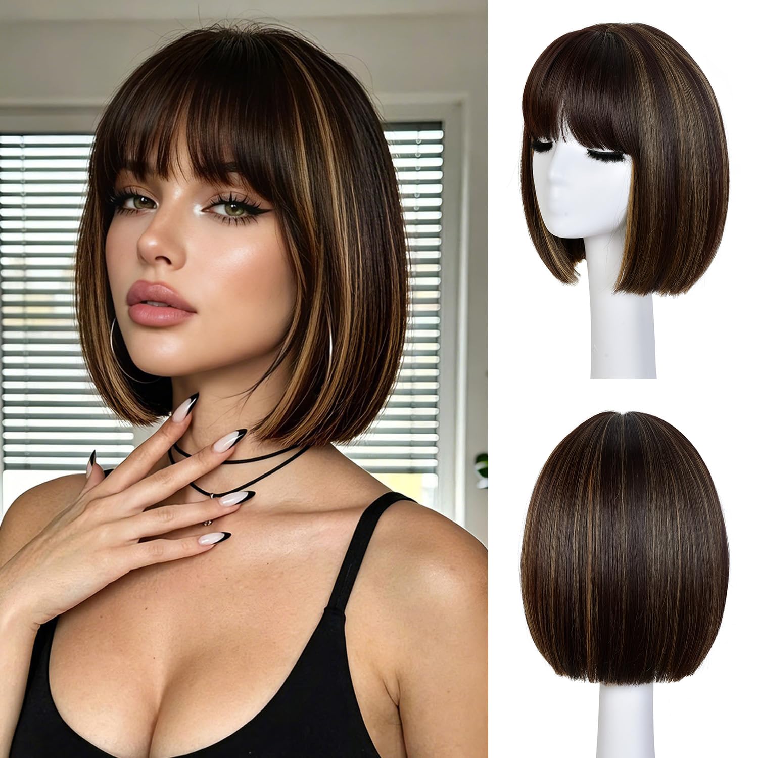 Bob Wig With Bangs Short Bob Wigs for Women Girl 12inch | Bob Wig 12 Inch Short Brown Mixed Blonde Highlight Bob Wig with Bangs Straight Synthetic Wig Adjustable Straps Wigs