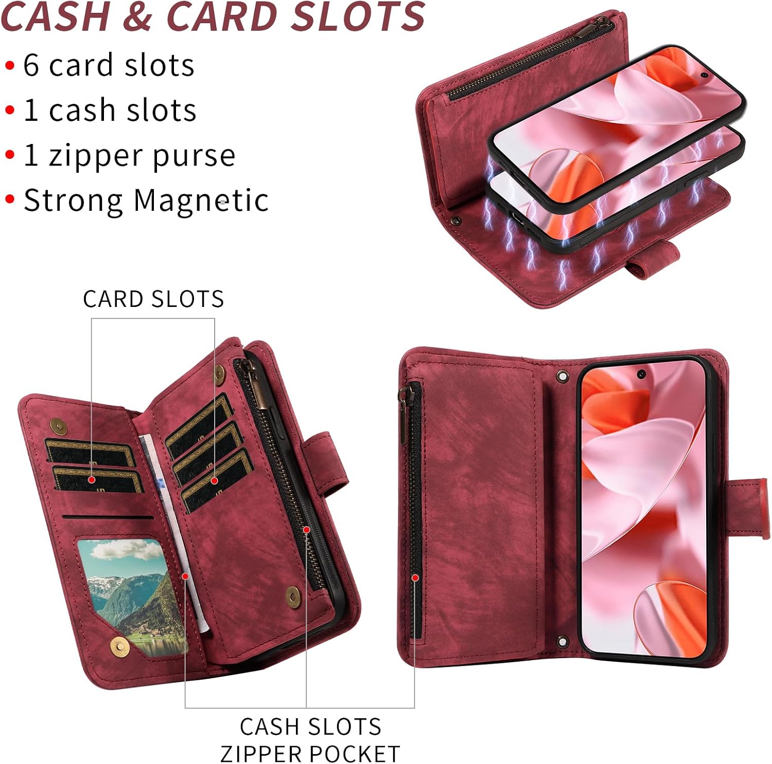 Asuwish Phone Case for Google Pixel 9/9 Pro 5G Zipper Wallet Magnetic Cell Cover with Tempered Glass Screen Protector Crossbody Wrist Strap Flip Credit Card Holder Pixel9 9Pro Nine Women Girls Red