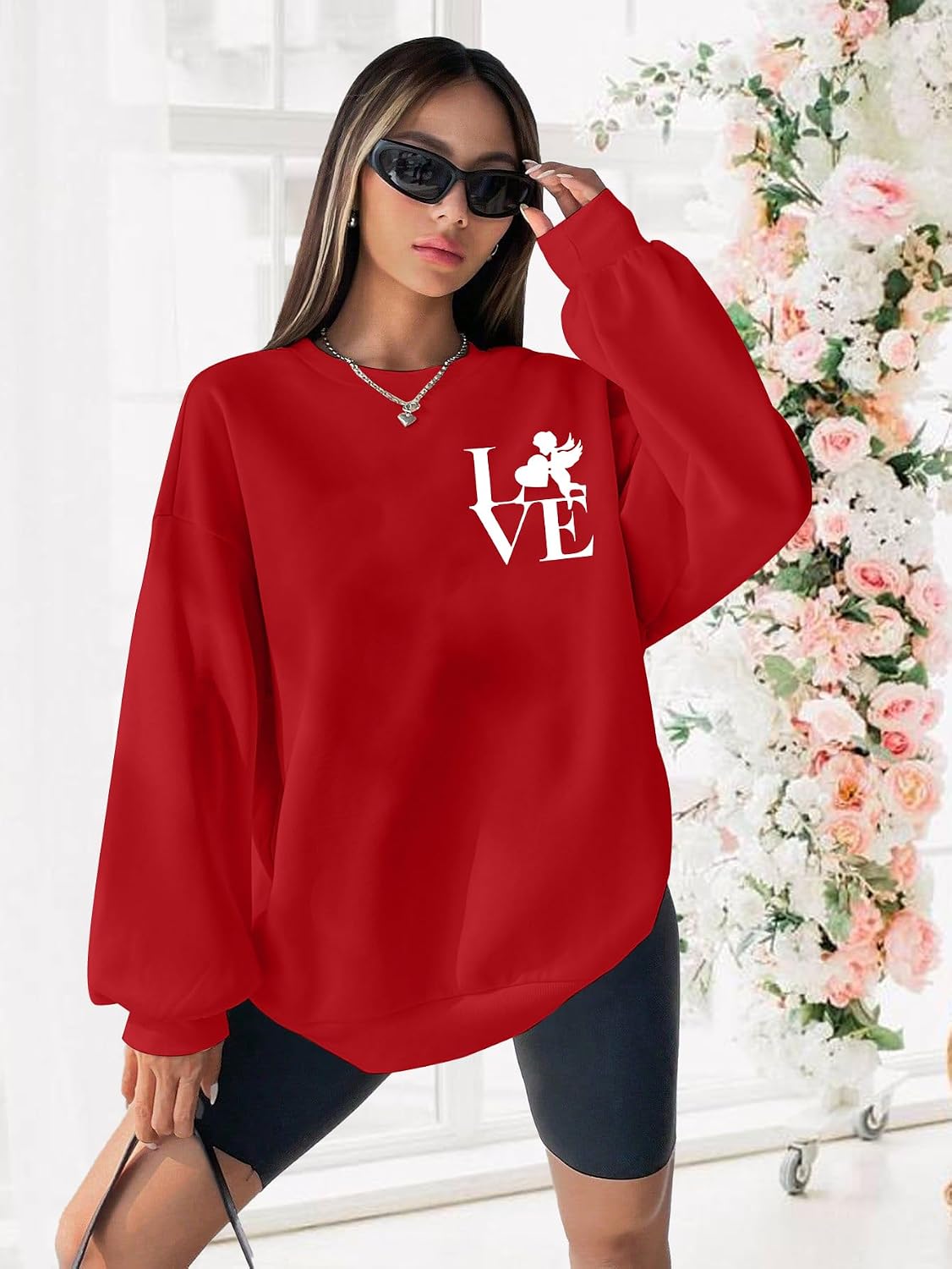 MNLYBABY Valentine's Day Sweatshirt Women Love Heart Grahic Shirts Print Long Sleeve Pullover Casual Lover Gift Tops