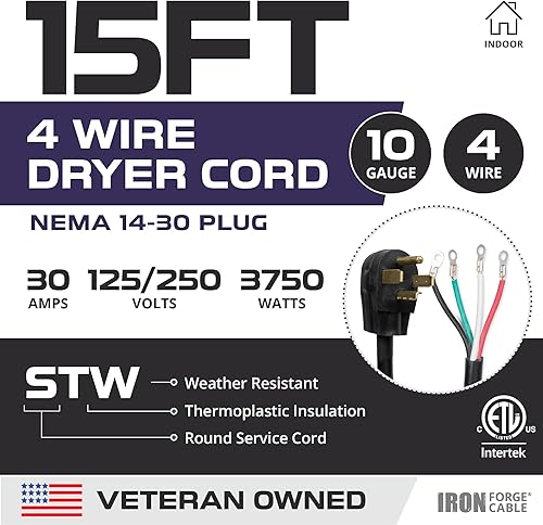 Miniatura 9 de Iron Forge Cable Cable de secado de 4 clavijas de 10 pies, 104 NEMA 14-30 enchufe cable de extensión de 30 amperios de 10 pies para secadora y