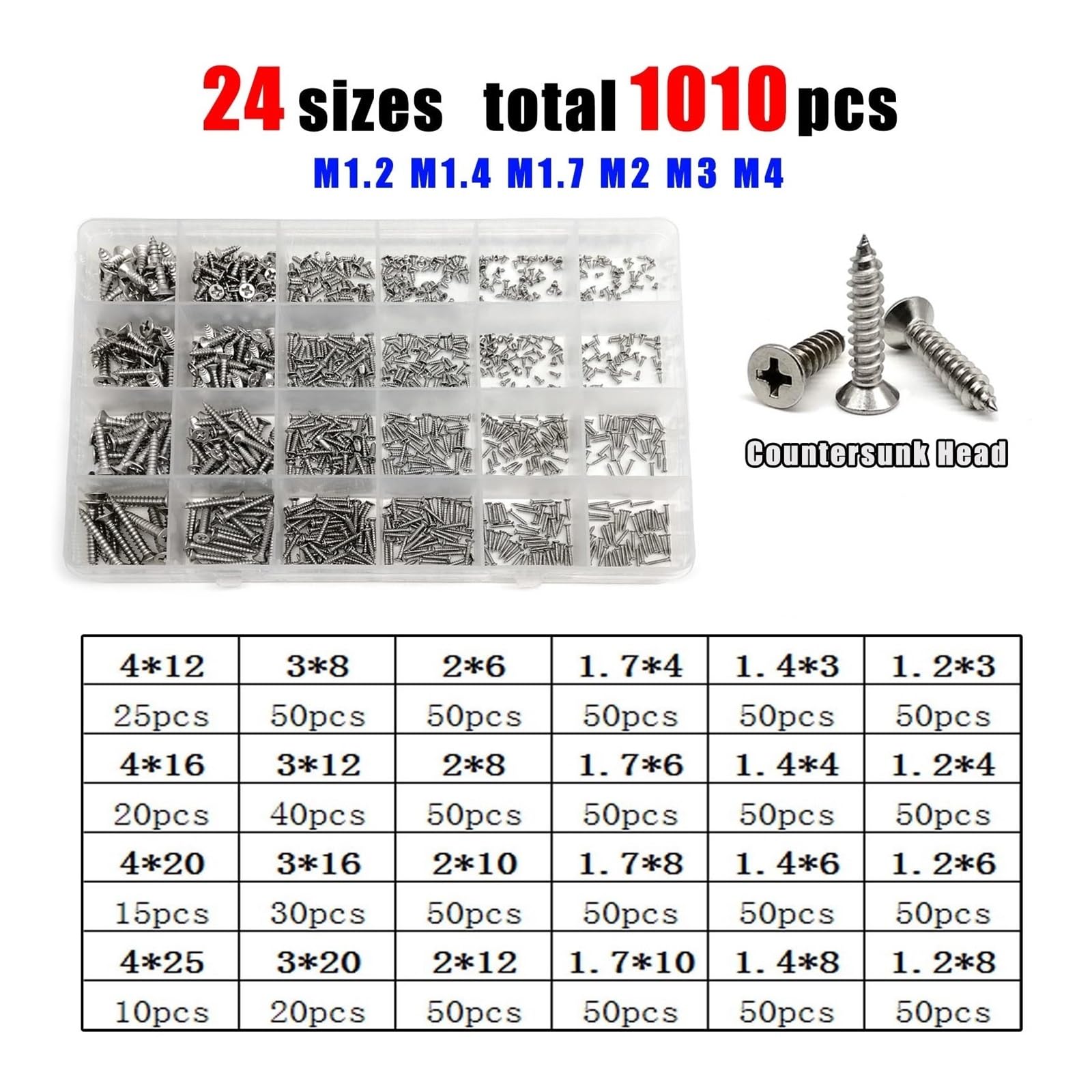 M1.2 M1.4 M1.7 M2 M3 M4 Kit Surtido De Tornillos Autorroscantes for Madera Phillips De Acero Inoxidable 304 Con Cabeza Plana Avellanada(Countersunk 1010pc)
