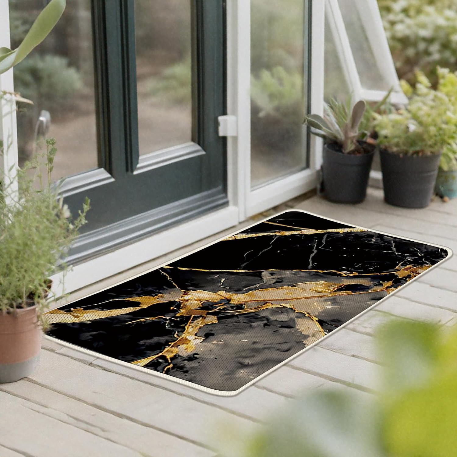 Black Gold Marble Kitchen Rugs Set of 2, Modern Abstract Fluid Art Floor Mats Home Decor, Luxury Stone Door Mat Decorations - 17x29 and 17x47 Inches