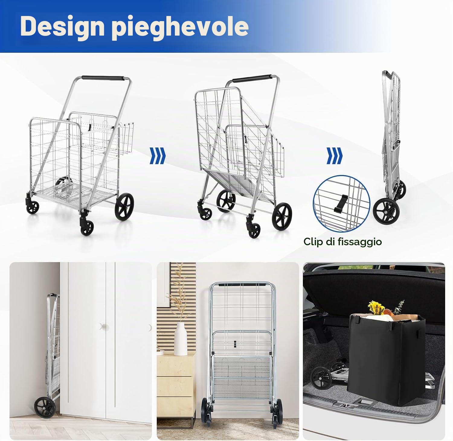FANASK Carrello per la spesa pieghevole con borsa Oxford rimovibile e 2 cestini, argento su rotelle, carrello per la spesa, 150 kg, carrello multiuso