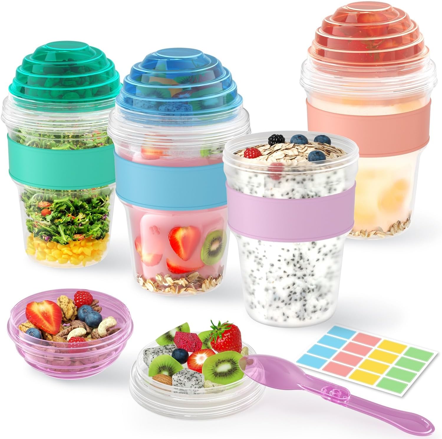 4 Pack Yogurt Parfait Cups with Lids Reusable, 20 oz Plastic Overnight Oats Containers with Lids Spoons Granola Compartment for Fruit Nuts, To Go Overnight Oat Jars for Oatmeal, Snack, Breakfast Prep
