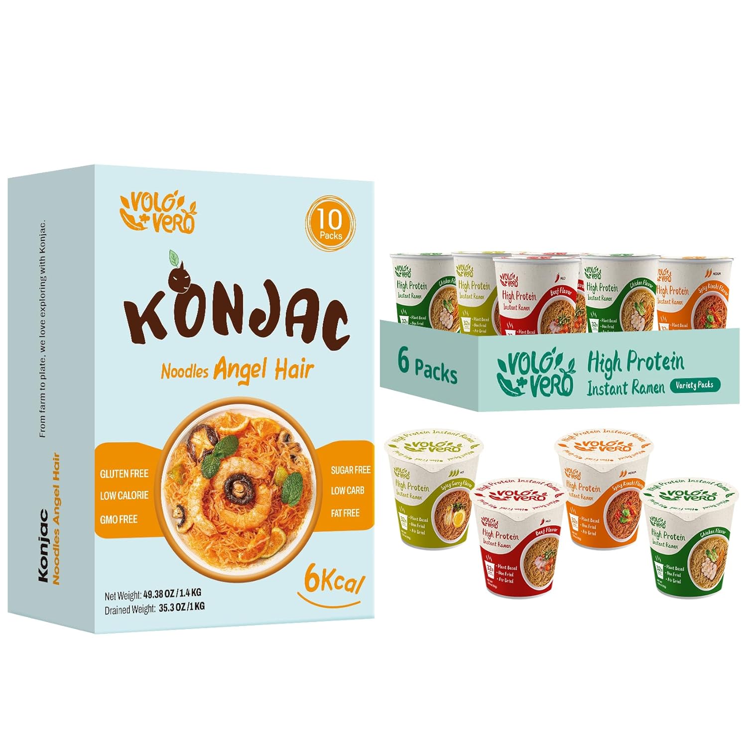 VOLO VERO High Protein (32g) Ramen Soup Cup, Konjac Noodles, 16 Packs, Vegan, Plant-Based, Non-Fried, Low Carb, Low Fat, Egg-Free, Dairy-Free, Healthy Asian Meal