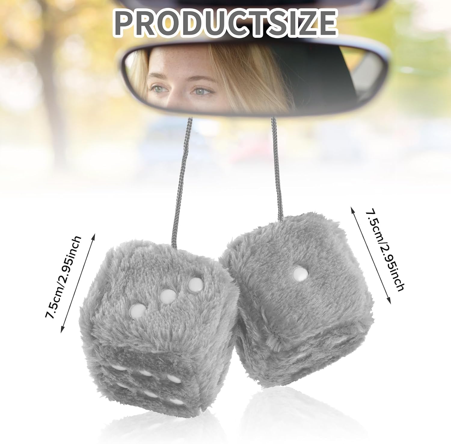Fuzzy Dice for Car Mirror, Pair of Retro 2.75” Fuzzy Dice for Rear View Mirror with White Dots for Car Interior Hanging Ornament Decoration (Grey) image 2