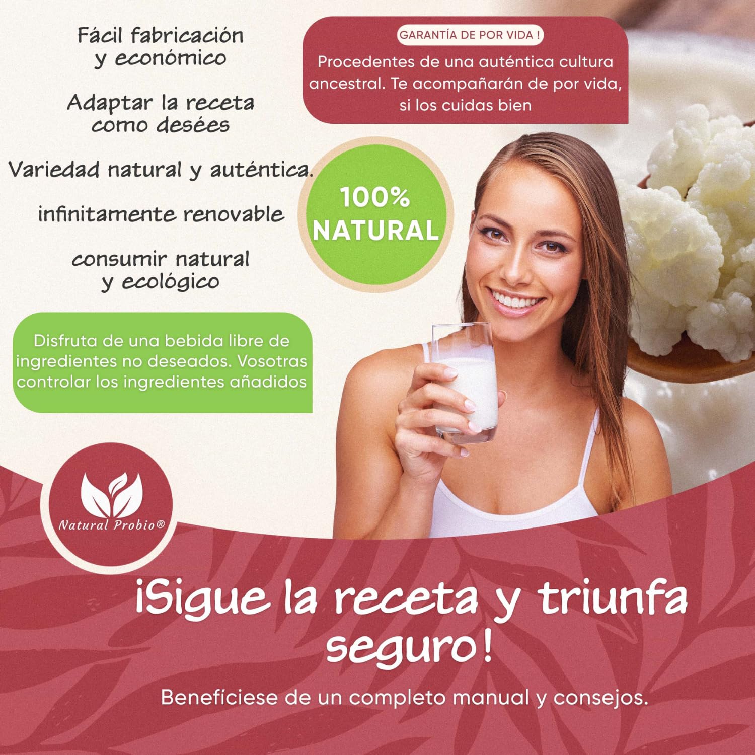 Natural Probio® Kéfir de leche, kit de inicio de cultivo de granos fermentados lácticos naturales, con leche certificada sin OGM, probiótico natural, instrucciones, receta y consejos (10g)