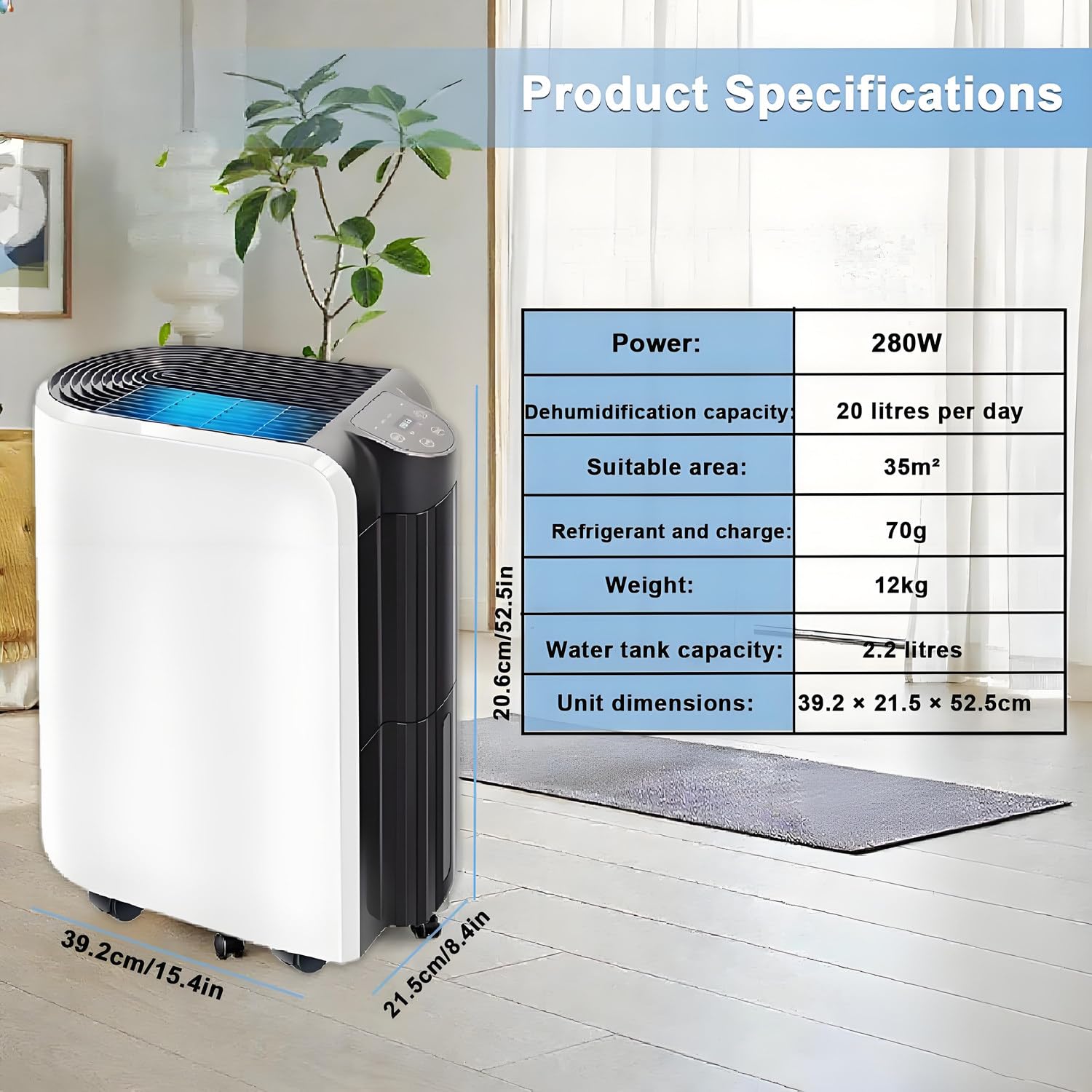 Osuszacz powietrza do całego domu, wydajność 20 l/dzień, zasięg 35 m², inteligentne sterowanie aplikacją (2,4 GHz i 5 GHz), energooszczędny 280W, ciągły drenaż, przenośny z kółkami 360°