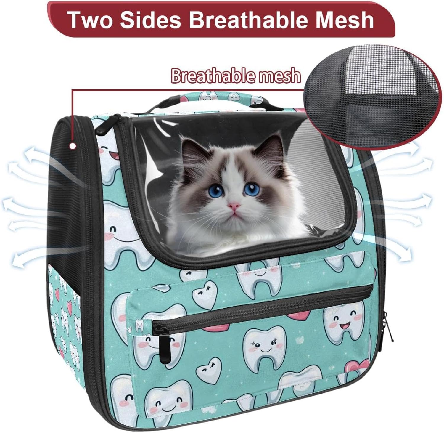 Portable Travel pet Backpack Carrier Hamster Bag Small Dog cat Carrier Breathable Hang Bag, Cute Teeth