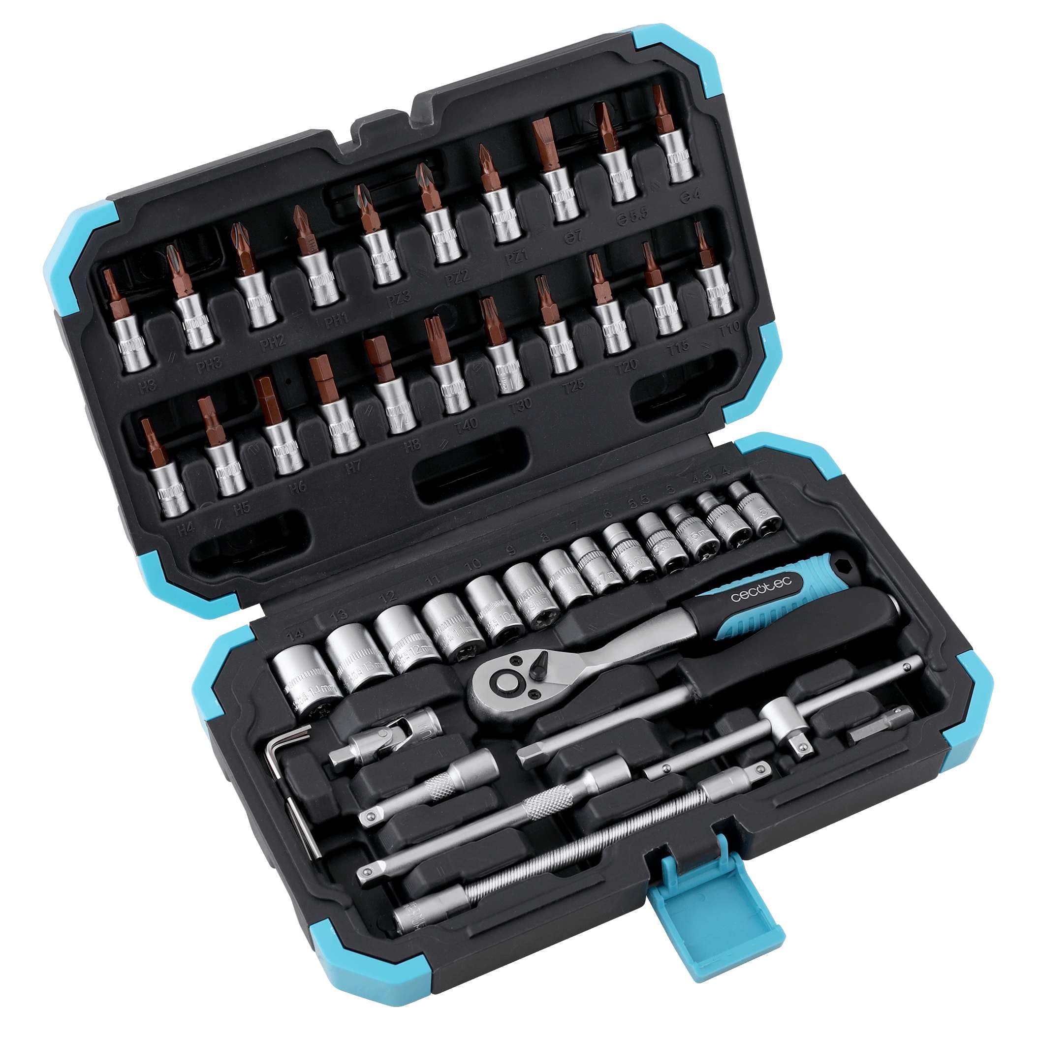 Cecotec Toolbox KRK 2200 46-Piece Professional Ratchet with 72 Teeth, CR-V Sockets, S2 Steel Tips, Rim Sockets, Heavy Duty Case