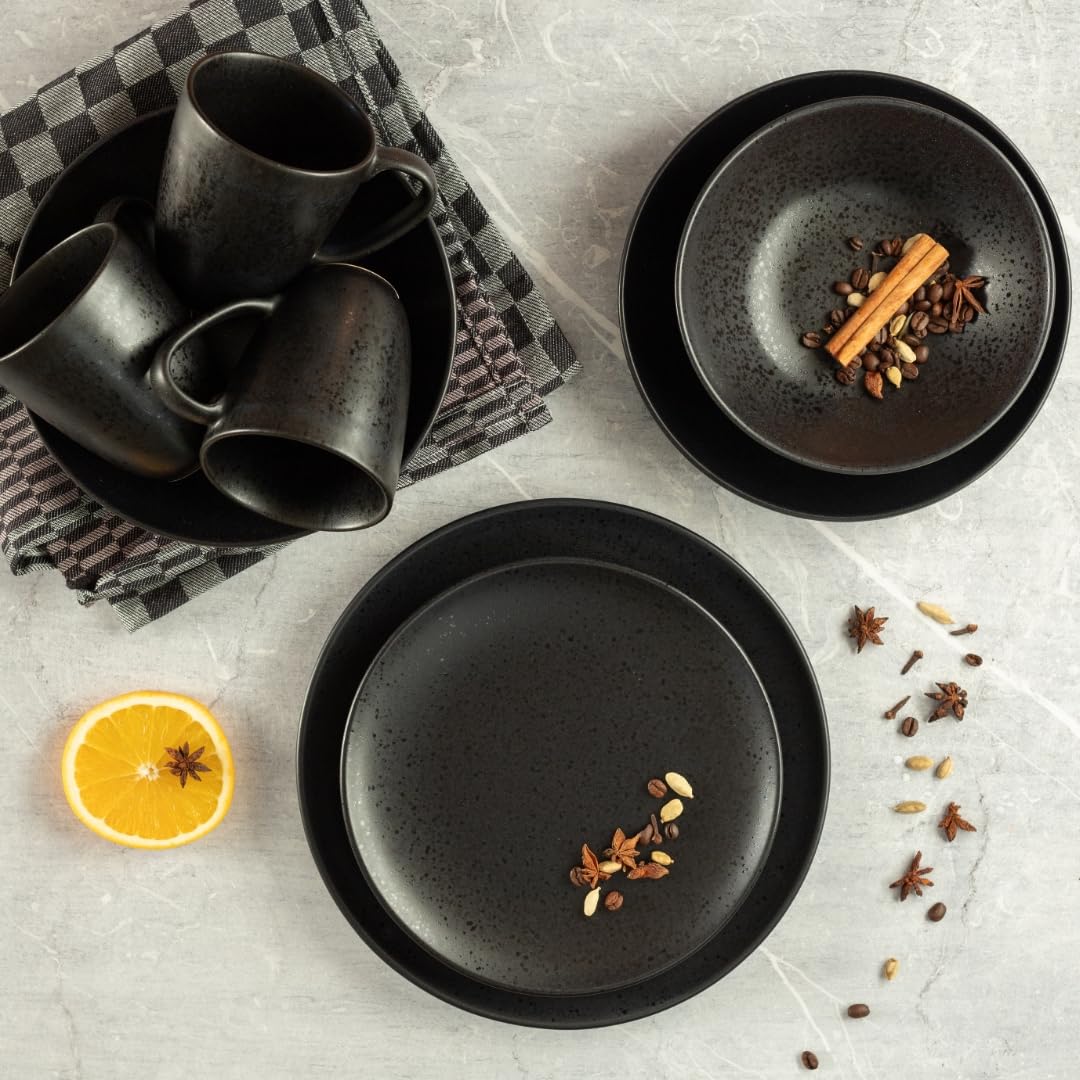 MÄSER, Serie Essential, Frühstücks Set für 6 Personen, Geschirr zum frühstücken aus hochwertigem Keramik, hergestellt in Portugal, Steinzeug, schwarz