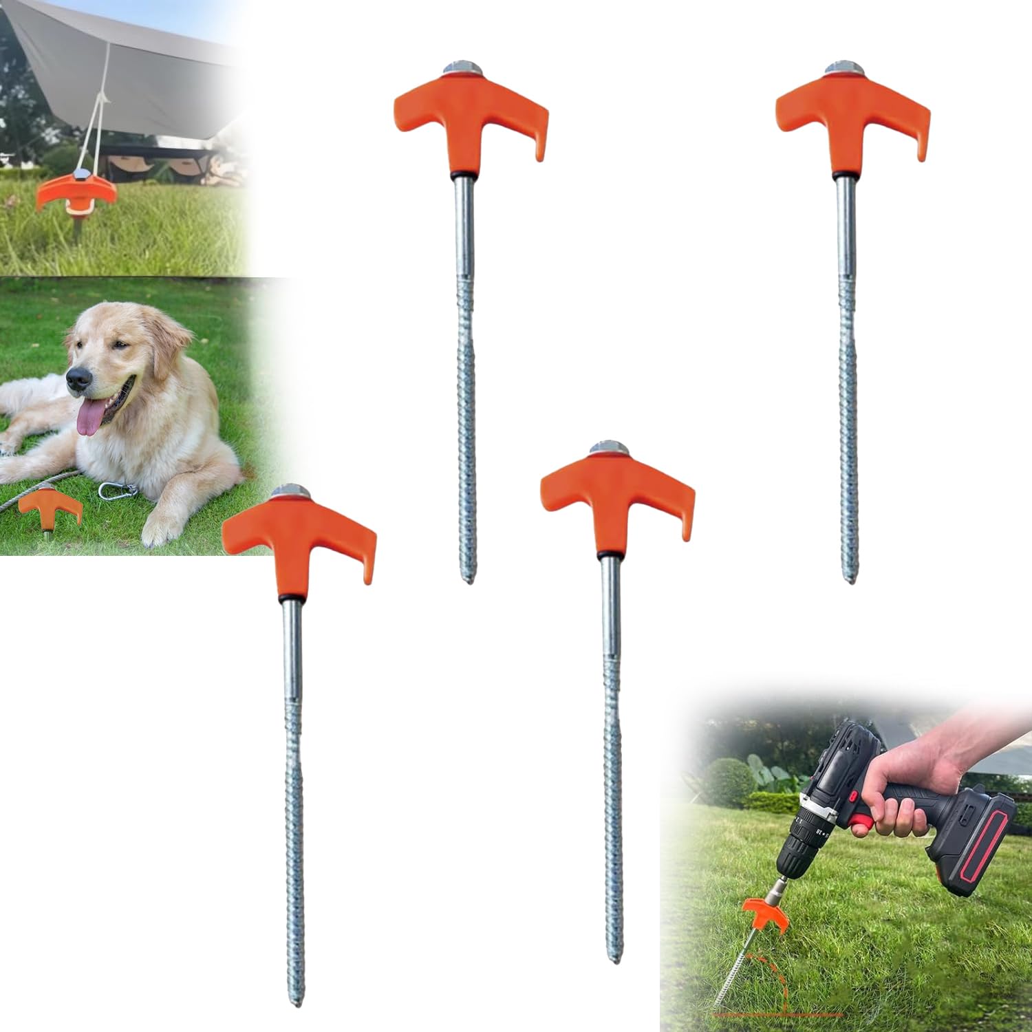 8" Screw in Tent Stakes Heavy Duty, Ground Anchors Screw in, Metal Threaded Tent Spikes, Tent Pegs Camping Stakes, Tent Stakes for Trampoline Tent Canopy Dog Anchors Outdoor Camping (4PCS, Orange)