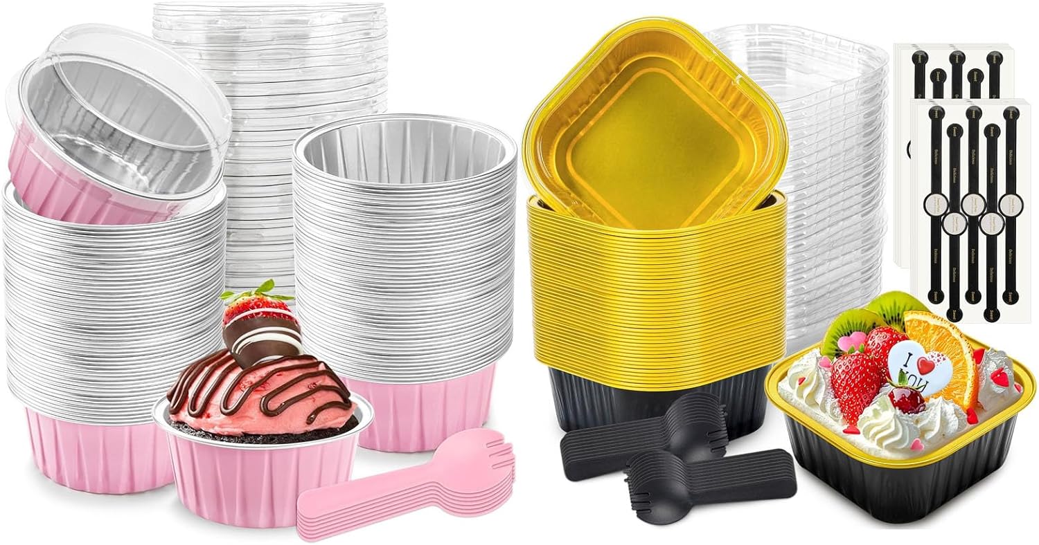 Bundle of 100 Pack Mini Loaf Pans and 60 Pack Mini Aluminum Pans for Pudding, Souffle, Party, Wedding