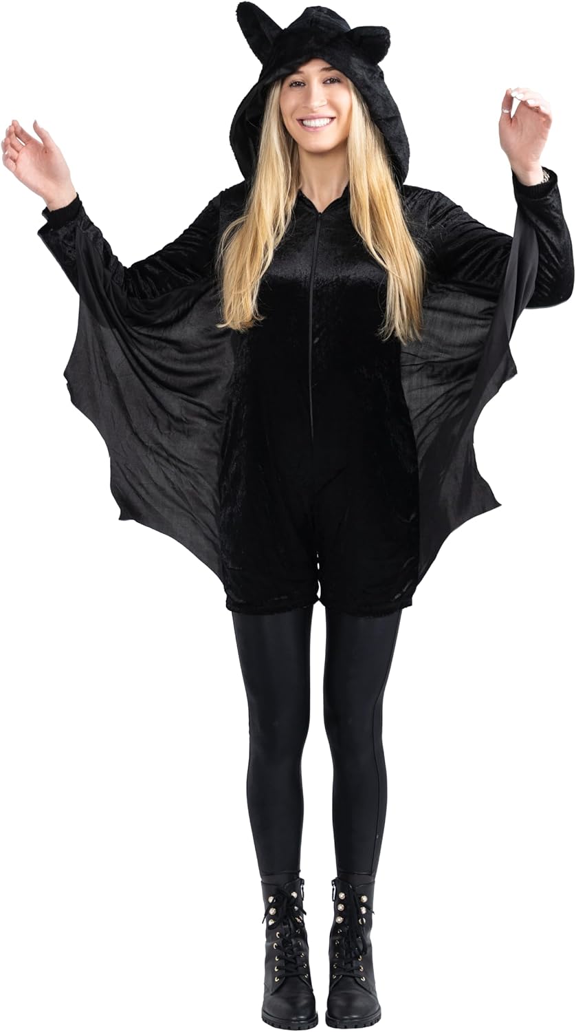Dress Up America Dress-Up-America Bat Costume for Women - Adults Black Halloween Bat Jumpsuit Romper With Wings